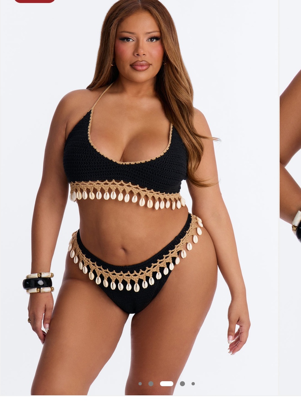 Fashion Nova Black Crochet Bikini with tan Shell Trim Accent